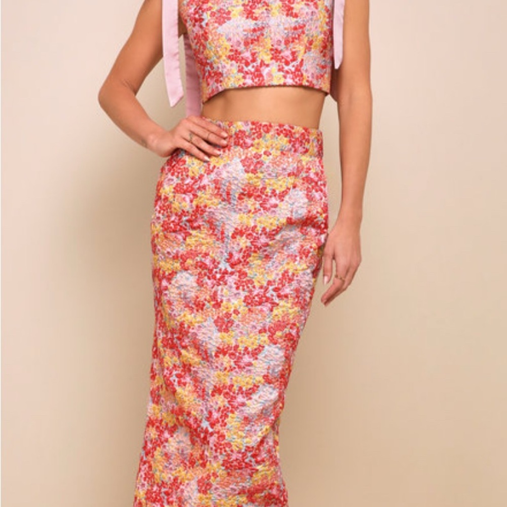 Lulu's Ellarina Pink Metallic Midi skirt and top